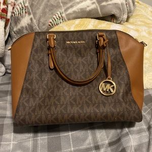 Michael Kors Cindy Large Dome Satchel Brown with shoulder strap